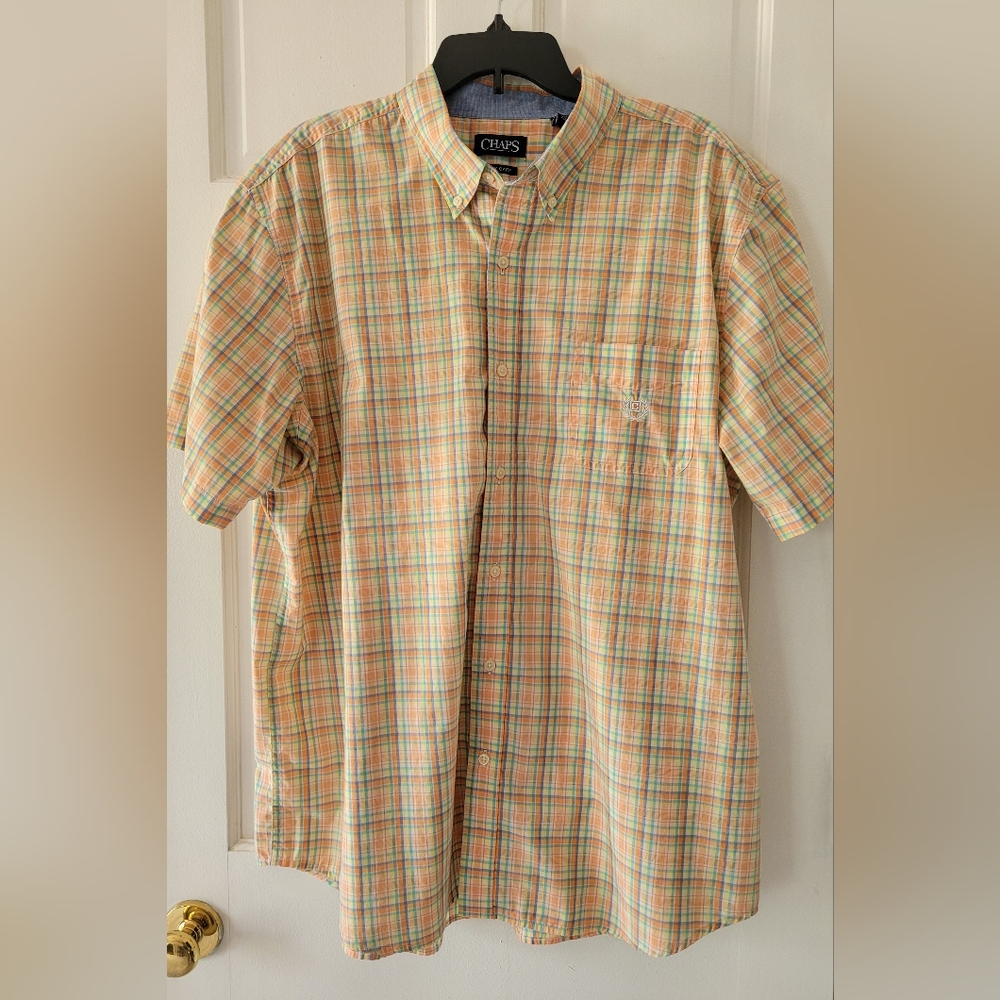 Men's Chaps XXL Lt Blue Orange Checked Plaid Button Down Short Sleeve Shirt